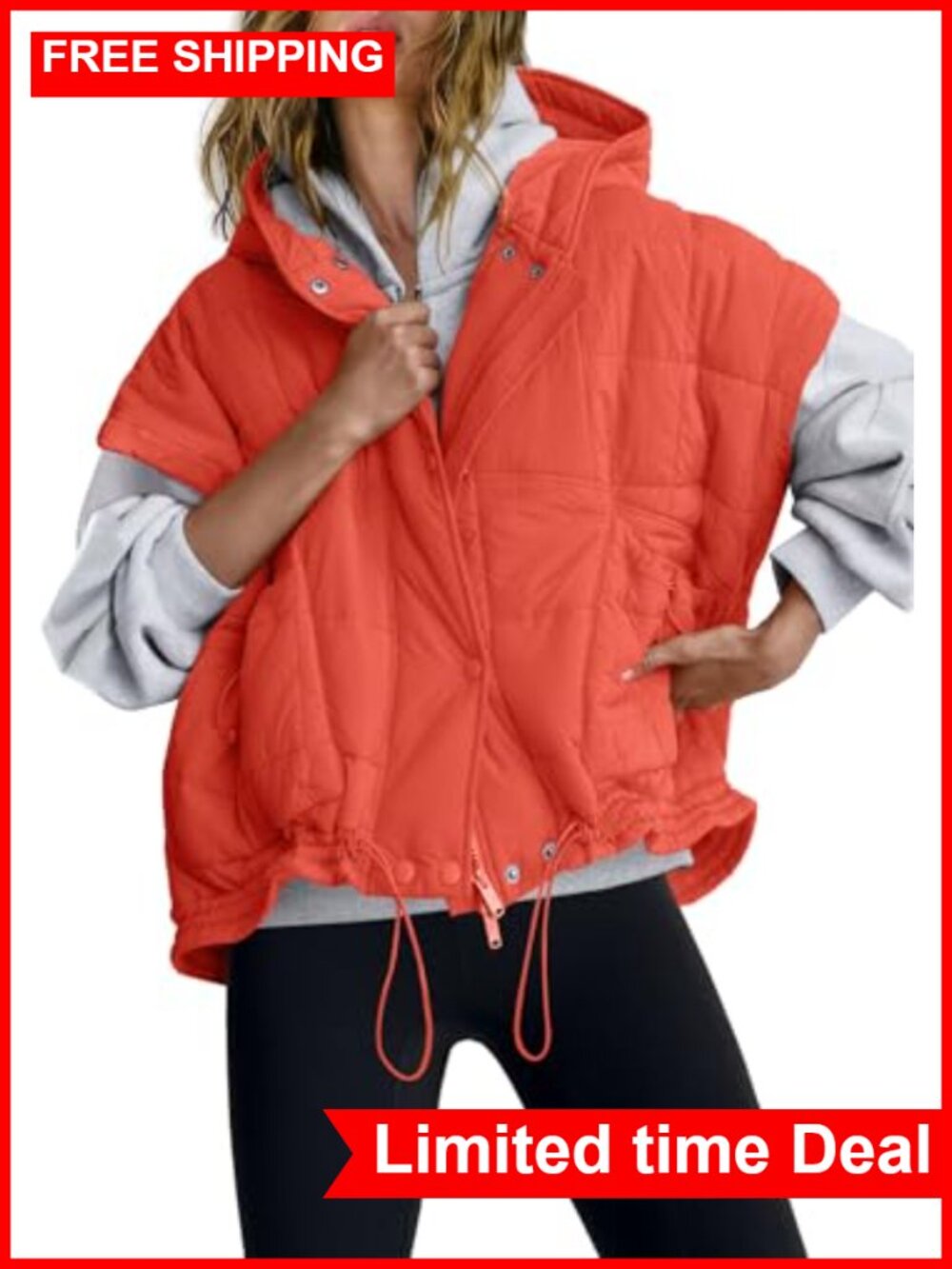 Oversized Quilted Puffer Vest Hooded Zip Sleeveless Outerwear